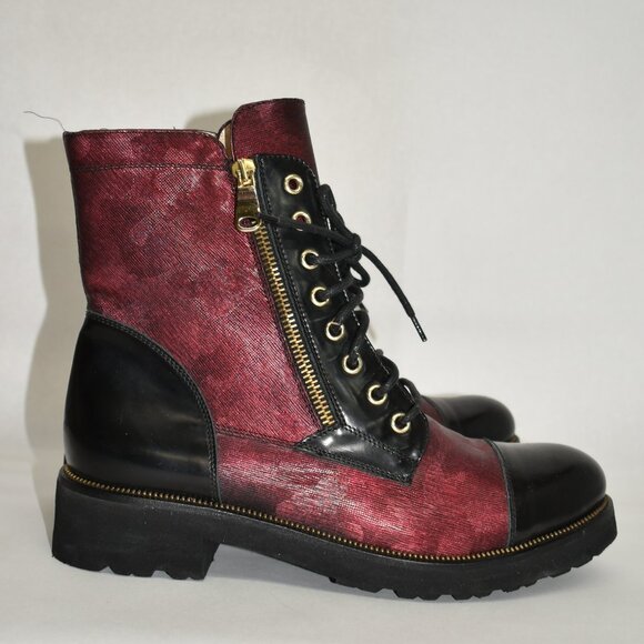 $650 RON WHITE Tiffany Combat Boot LACE UP BURGUNDY BLACK LEATHER 39 (TPO19.5) - Picture 1 of 6